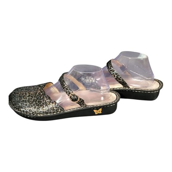 Alegria By PG Lite Tuscany Metallic Leopard Print Stripe Sandals Sz 41W EU/10 US - Picture 4 of 11